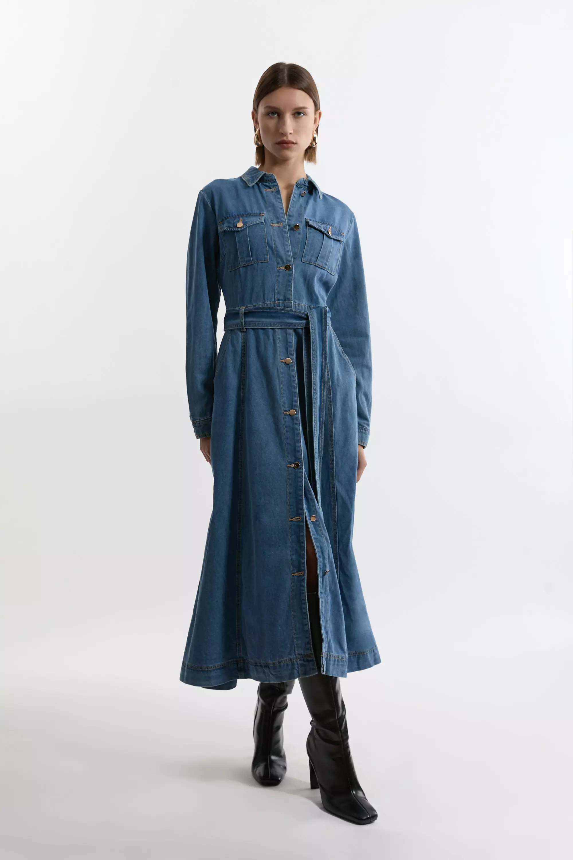 Denim Collared Belted Maxi Dress Karen Millen